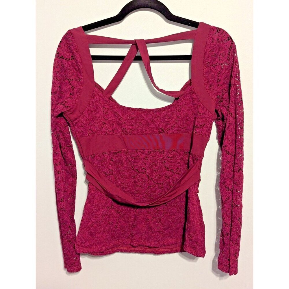 Vintage Bebe 90s Burgundy Red Lace Long Sleeve Sweetheart Top Clubwear Y2K Med